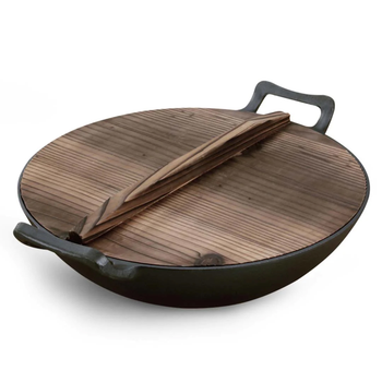 36CM Commercial Cast Iron Wok FryPan with Wooden Lid Fry Pan image
