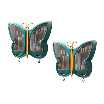 2X Green Butterfly Shape Wall-Mounted Makeup Organiser Dustproof Waterproof Bathroom Storage Box Home Decor image