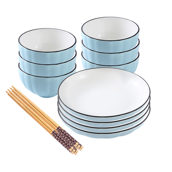 Blue Japanese Style Ceramic Dinnerware Crockery Soup Bowl Plate Server Kitchen Home Decor Set of 10 image