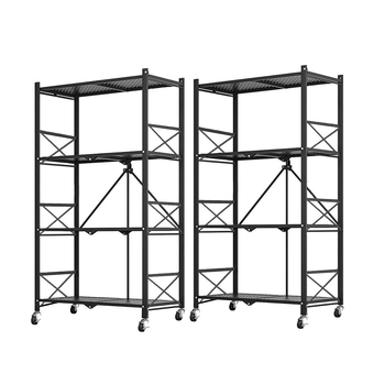 2X 4 Tier Steel Black Foldable Display Stand Multi-Functional Shelves Portable Storage Organizer with Wheels image