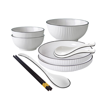 White Japanese Style Ceramic Dinnerware Crockery Soup Bowl Plate Server Kitchen Home Decor Set of 5 image