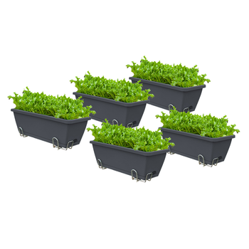 49.5cm Black Rectangular Planter Vegetable Herb Flower Outdoor Plastic Box with Holder Balcony Garden Decor Set of 5 image