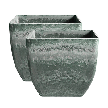 2X 27cm Green Grey Square Resin Plant Flower Pot in Cement Pattern Planter Cachepot for Indoor Home Office image