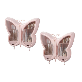 2X Pink Butterfly Shape Wall-Mounted Makeup Organiser Dustproof Waterproof Bathroom Storage Box Home Decor image