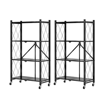 2X 4 Tier Steel Black Foldable Kitchen Cart Multi-Functional Shelves Portable Storage Organizer with Wheels image