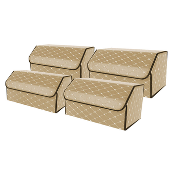 4X Leather Car Boot Collapsible Foldable Trunk Cargo Organizer Portable Storage Box Beige/Gold Stitch Large image