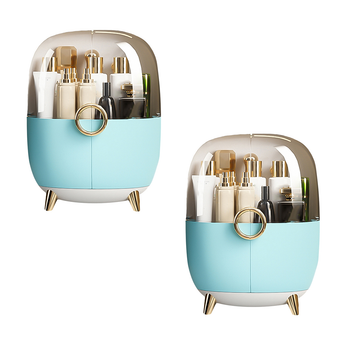 2X Blue Transparent Countertop Makeup Organiser Cosmetic Storage Waterproof Dustproof Bathroom Skincare Holder with Lid image