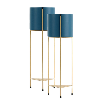 2X 2 Layer 81cm Gold Metal Plant Stand with Blue Flower Pot Holder Corner Shelving Rack Indoor Display image