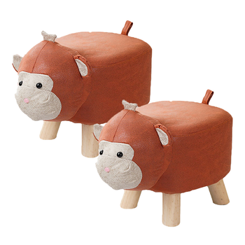 2X Orange Children Bench Monkey Character Round Ottoman Stool Soft Small Comfy Seat Home Decor image