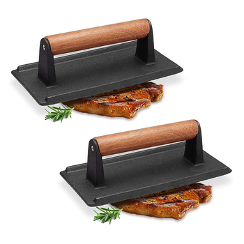 2X Cast Iron Bacon Meat Steak Press Grill BBQ with Wood Handle Weight Plate image