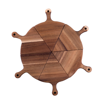 6 pcs Brown Round Divisible Wood Pizza Server Food Plate Board Pizza Paddle Cutting Board Home Decor image