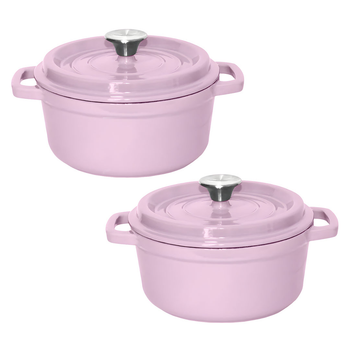 2X 22cm Pink Cast Iron Ceramic Stewpot Casserole Stew Cooking Pot With Lid image