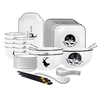 White Antler Printed Ceramic Dinnerware Set Crockery Soup Bowl Plate Server Kitchen Home Decor Set of 28 image