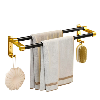 61cm Wall-Mounted Double Pole Towel Holder Bathroom Organiser Rail Hanger with Hooks image
