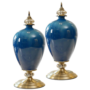 2X 42cm Ceramic Oval Flower Vase with Gold Metal Base Dark Blue image