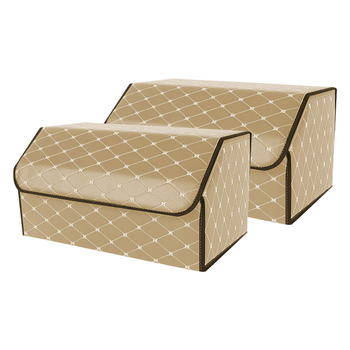 2X Leather Car Boot Collapsible Foldable Trunk Cargo Organizer Portable Storage Box Beige/Gold Stitch Large image