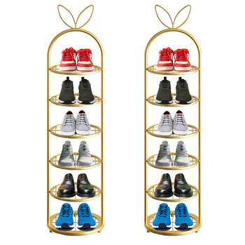 2X 6 Tier Bunny Ears Shape Gold Plated Metal Shoe Organizer Space Saving Portable Footwear Storage Shelf image