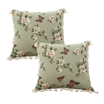 2X 45cm Matcha Green French Vintage Butterfly Loves Flowers Tassel Throw pillow image