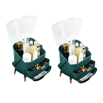 2X 29cm Green Countertop Makeup Cosmetic Storage Organiser Skincare Holder Jewelry Storage Box with Handle image