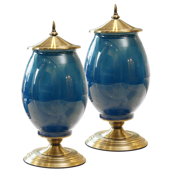 2X 40cm Ceramic Oval Flower Vase with Gold Metal Base Dark Blue image
