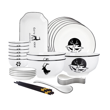 White Antler Printed Ceramic Dinnerware Set Crockery Soup Bowl Plate Server Kitchen Home Decor Set of 20 image