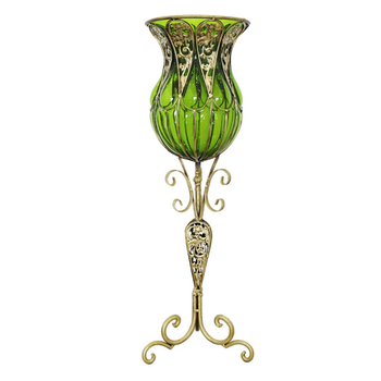 85cm Green Glass Floor Vase with Tall Metal Flower Stand image