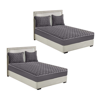 2X Grey 183cm Wide Mattress Cover Thick Quilted Fleece Stretchable Clover Design Bed Spread Sheet Protector with Pillow Covers image