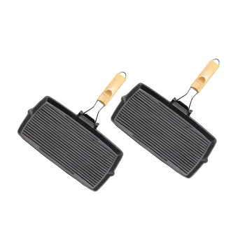 2X 20.5cm Rectangular Cast Iron Griddle Grill Frying Pan with Folding Wooden Handle image