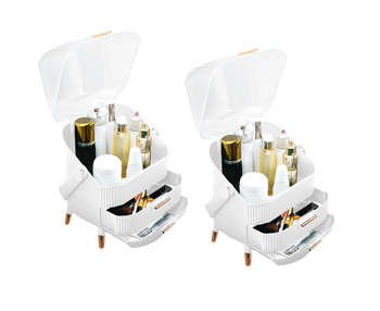 2X 29cm White Countertop Makeup Cosmetic Storage Organiser Skincare Holder Jewelry Storage Box with Handle image