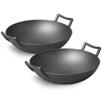 2X 32cm Commercial Cast Iron Wok FryPan Fry Pan with Double Handle image