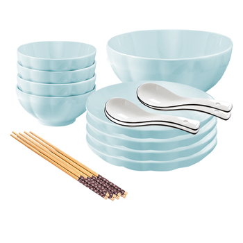 Light Blue Japanese Style Ceramic Dinnerware Crockery Soup Bowl Plate Server Kitchen Home Decor Set of 9 image