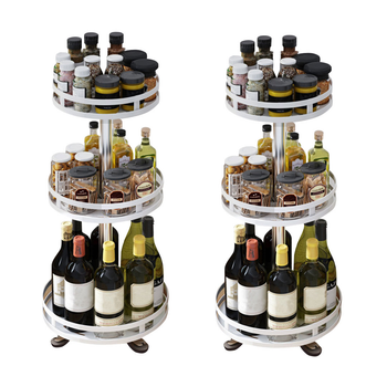 2X 3 Tier Steel White Round Rotating Multi-Function Kitchen Portable Storage Spice Seasoning Kitchen Countertop Organiser Shelf image