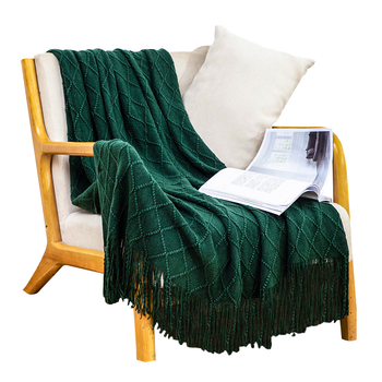 Green Diamond Pattern Knitted Throw Blanket Warm Cozy Woven Cover Couch Bed Sofa Home Decor with Tassels image