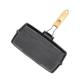 20.5cm Rectangular Cast Iron Griddle Grill Frying Pan with Folding Wooden Handle image