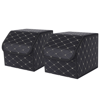 2X Leather Car Boot Collapsible Foldable Trunk Cargo Organizer Portable Storage Box Black/Gold Stitch Small image