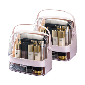 2X 2 Tier Pink Countertop Makeup Cosmetic Storage Organiser Skincare Holder Jewelry Storage Box with Handle image
