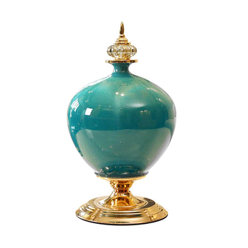 38.50cm Ceramic Oval Flower Vase with Gold Metal Base Green image