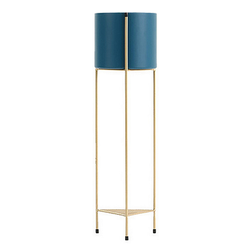 2 Layer 81cm Gold Metal Plant Stand with Blue Flower Pot Holder Corner Shelving Rack Indoor Display image