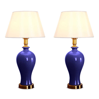 2X Blue Ceramic Oval Table Lamp with Gold Metal Base image