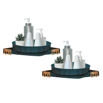 2X Green 360 Degree Wall-Mounted Rotating Bathroom Organiser Corner Vanity Rack Toilet Adhesive Storage Shelf image