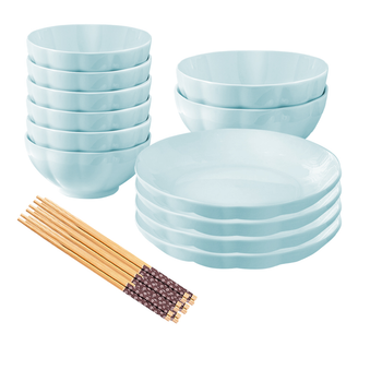 Light Blue Japanese Style Ceramic Dinnerware Crockery Soup Bowl Plate Server Kitchen Home Decor Set of 12 image