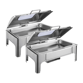 2X 9L Rectangular Stainless Steel Soup Warmer Roll Top Chafer Chafing Dish Set with Glass Visual Window Lid image