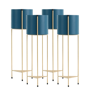 4X 2 Layer 65cm Gold Metal Plant Stand with Blue Flower Pot Holder Corner Shelving Rack Indoor Display image