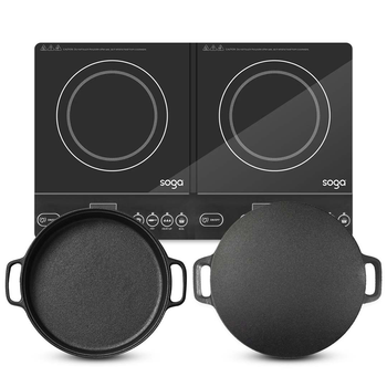 Dual Burners Cooktop Stove 30cm Cast Iron Skillet and 34cm Induction Crepe Pan Cookware image