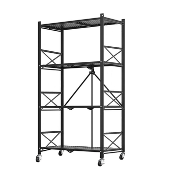 4 Tier Steel Black Foldable Display Stand Multi-Functional Shelves Portable Storage Organizer with Wheels image