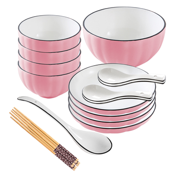 Pink Japanese Style Ceramic Dinnerware Crockery Soup Bowl Plate Server Kitchen Home Decor Set of 9 image