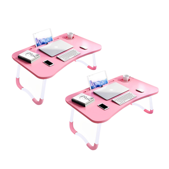 2X Pink Portable Bed Table Adjustable Folding Mini Desk Notebook Stand Card Slot Holder with Cup-Holder Home Decor image