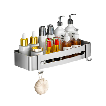 Silver Wall-Mounted Rectangular Bathroom Storage Organiser Space Saving Adhesive Shelf Rack with Hooks image
