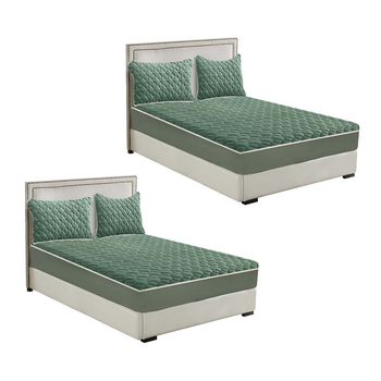 2X Green 183cm Wide Mattress Cover Thick Quilted Fleece Stretchable Clover Design Bed Spread Sheet Protector with Pillow Covers image