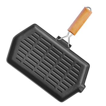 Rectangular Cast Iron Griddle Grill Frying Pan with Folding Wooden Handle image